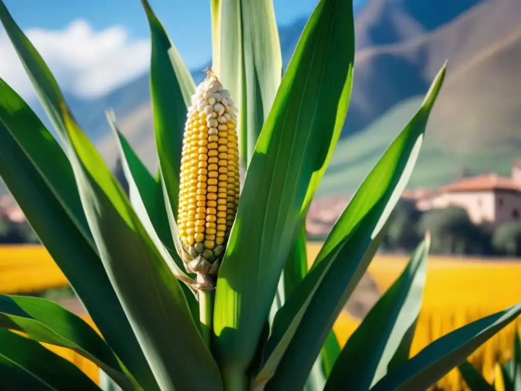 Un maíz gigante de Cusco en un campo soleado, detallado y vibrante, resaltando la belleza y sostenibilidad