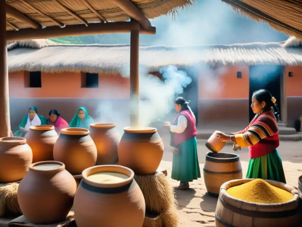 Chichería peruana: fermentando chicha de jora Gráfica detallada de una chichería peruana tradicional con mujeres indígenas fermentando chicha de jora en grandes ollas de barro y barriles de madera