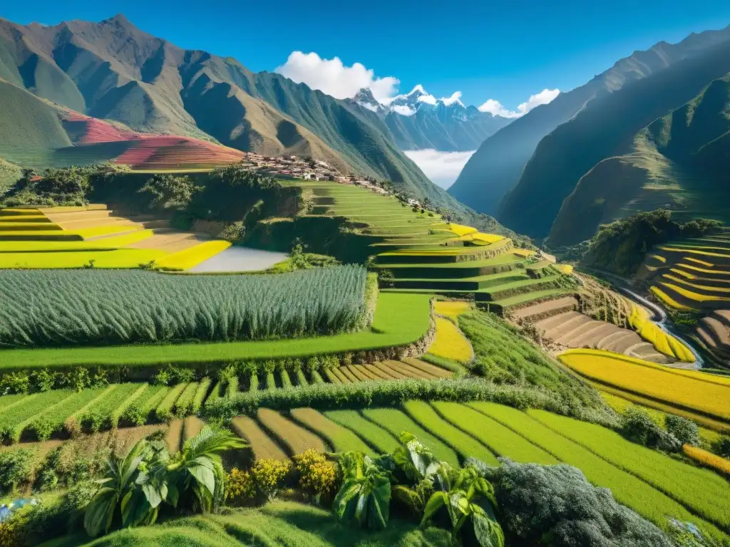 Una granja peruana exuberante y vibrante en los Andes, mostrando prácticas de agricultura sostenible