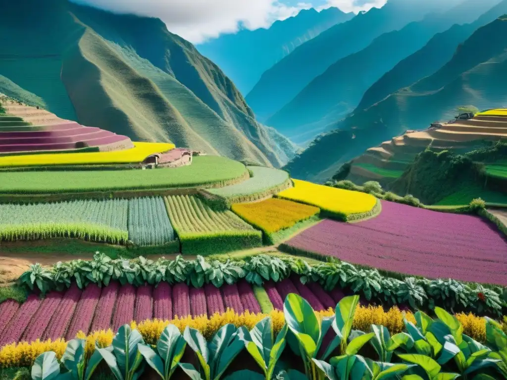 Una granja peruana vibrante en los Andes, con cultivos coloridos y agricultores indígenas en trajes tradicionales