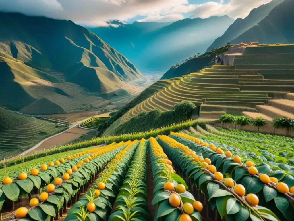 Una granja sostenible de granadillas en Perú, con indígenas polinizando delicadamente en la luz dorada, rodeados de los majestuosos Andes