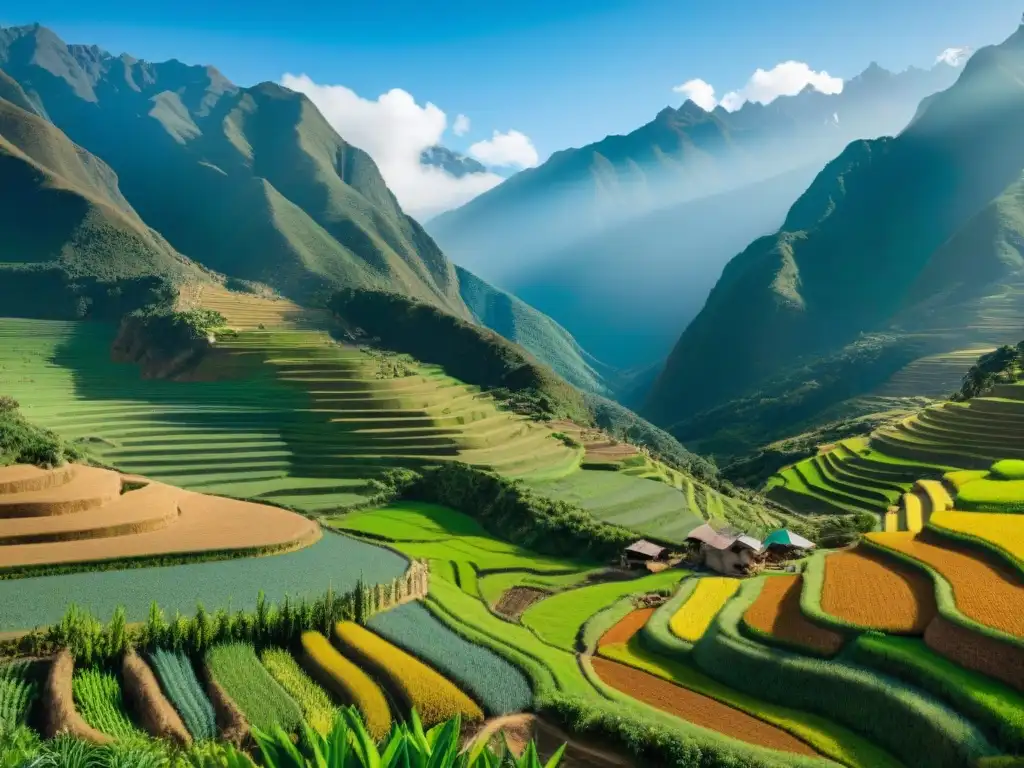 Una granja vibrante en los Andes muestra la agricultura sostenible en Perú, con terrazas verdes y agricultores indígenas