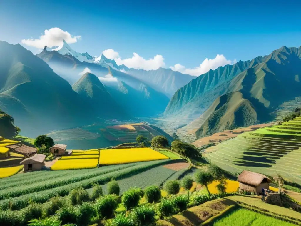 Una granja vibrante en los Andes con campos de quinua, cafetales y aguacates