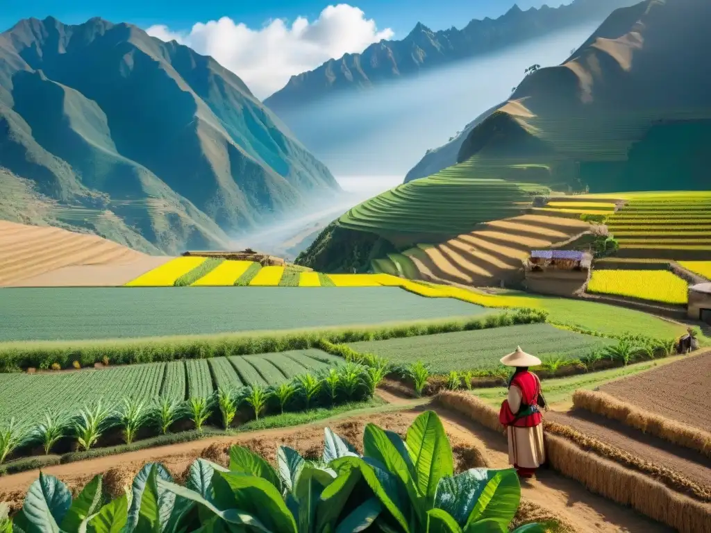 Una granja vibrante en los Andes con cultivos de quinua, papas y maíz, y agricultores locales en trajes tradicionales