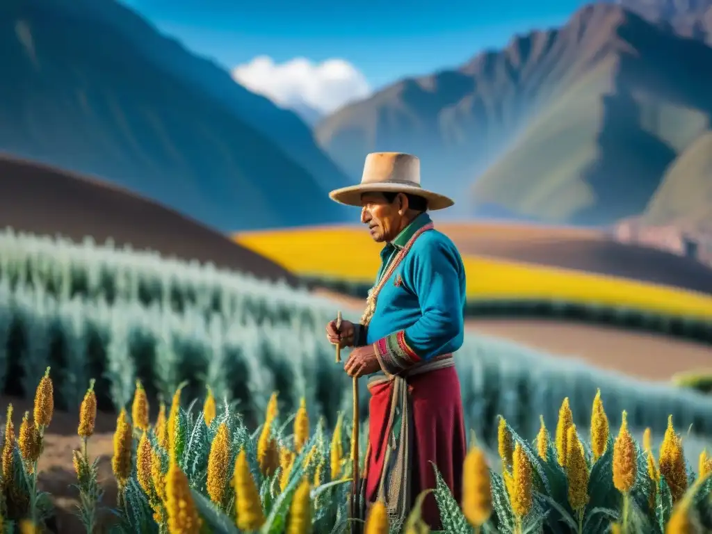 Un granjero andino cuida de su campo de quinua en las altas montañas, mostrando la esencia de la dieta andina y sus beneficios para la salud ósea