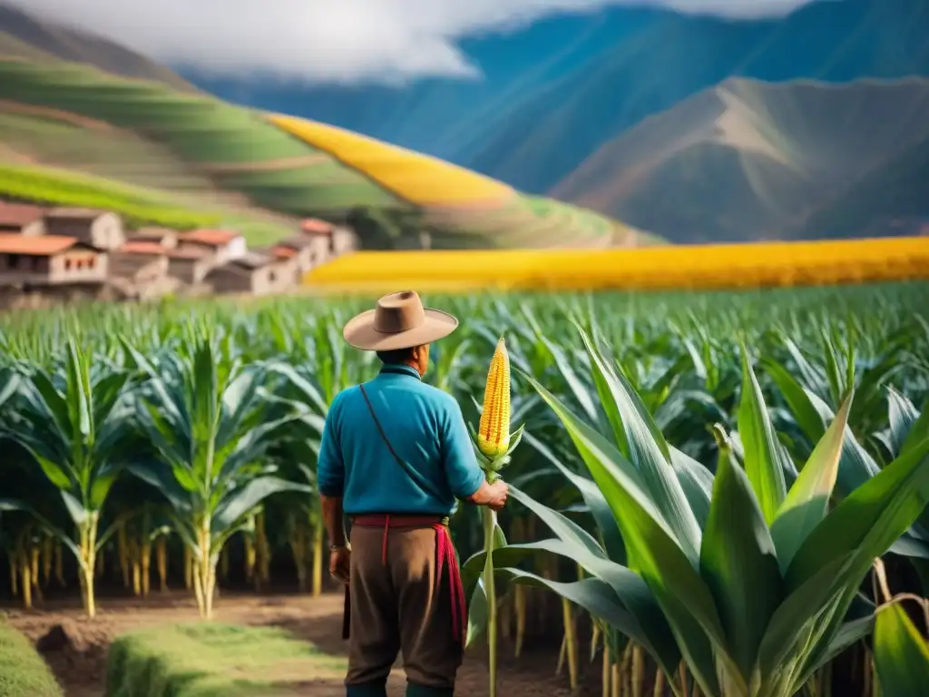 Un granjero andino en Cusco cuida el maíz gigante de Cusco en un campo soleado, rodeado de montañas