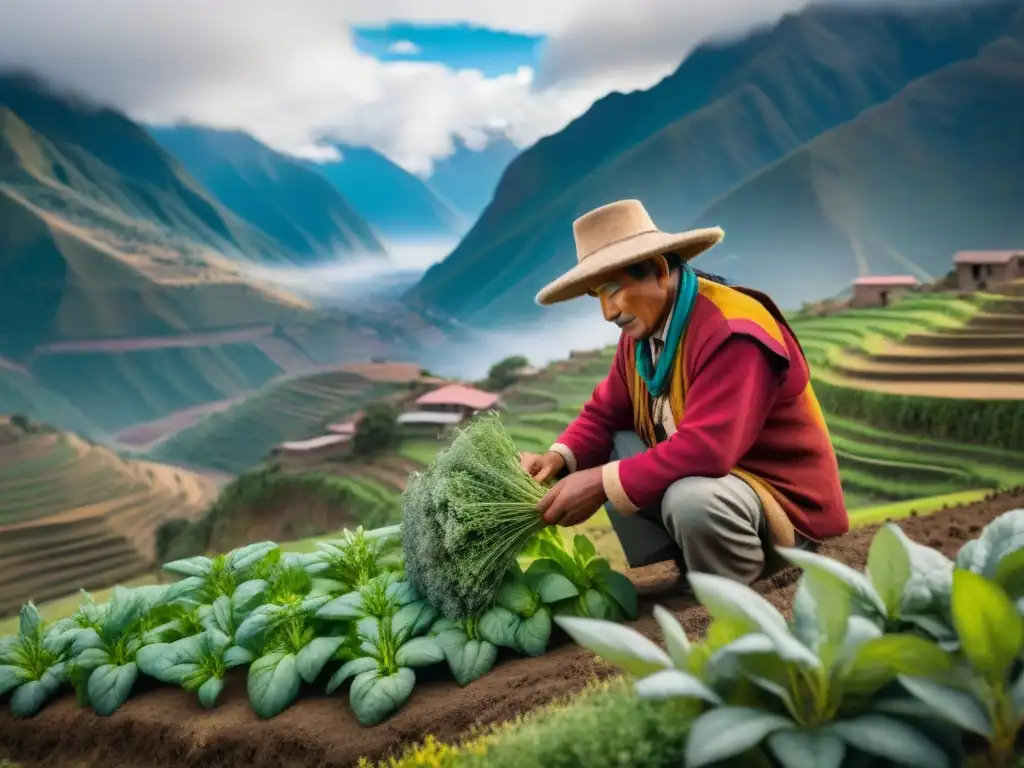 Un granjero andino cultiva hierbas en terrazas con los majestuosos Andes de fondo, destacando la importancia de las Hierbas Andinas en la Cocina