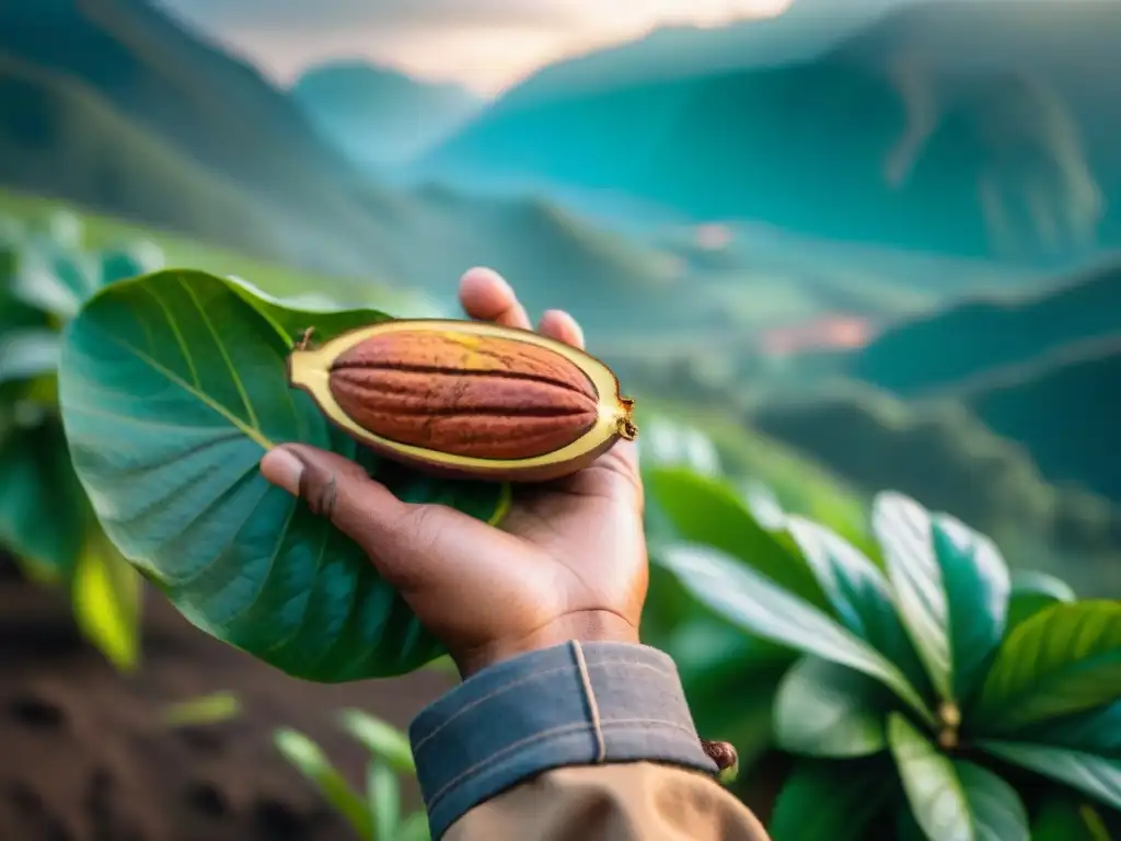 Un granjero peruano examina con cuidado vainas de cacao maduro en una plantación exuberante al amanecer