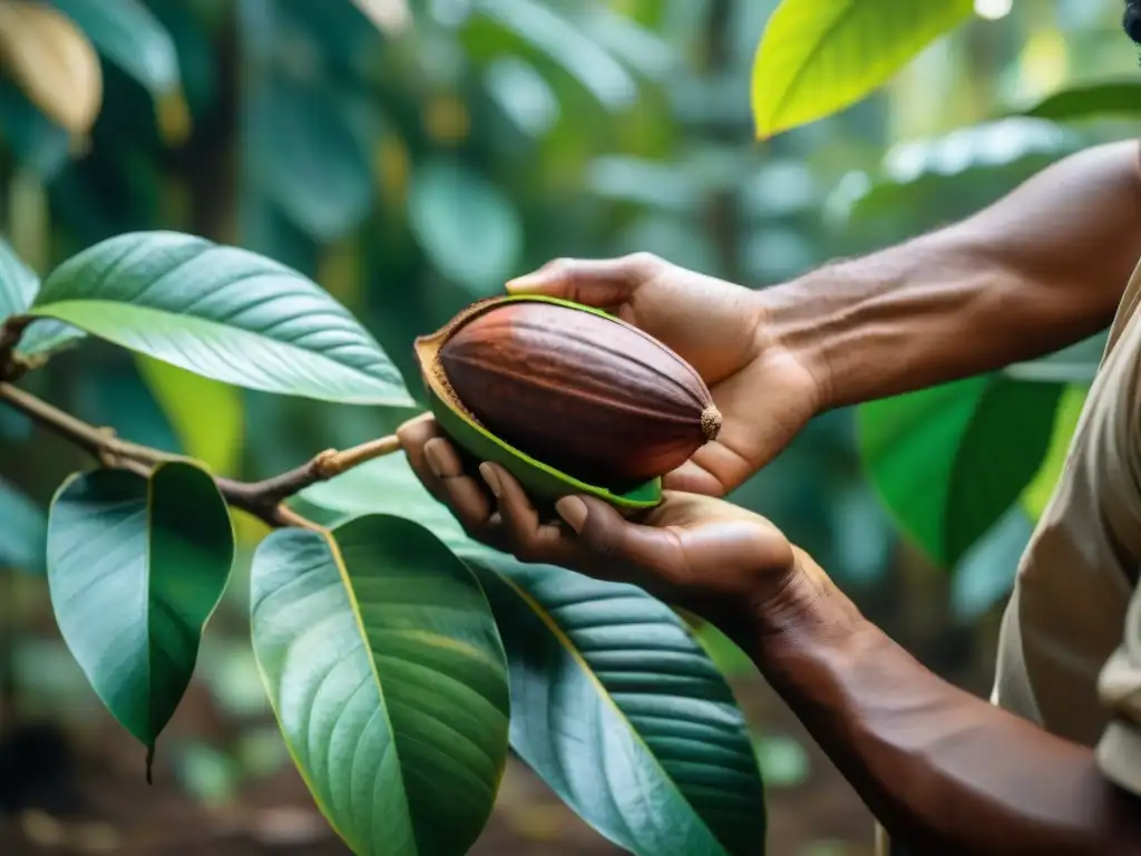 Un granjero peruano inspecciona con cuidado vainas de cacao en una plantación exuberante en la Amazonia peruana