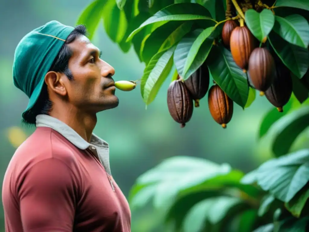 Un granjero peruano inspecciona con cuidado los vibrantes cacaos en la selva amazónica, reflejando la historia del chocolate peruano autóctono