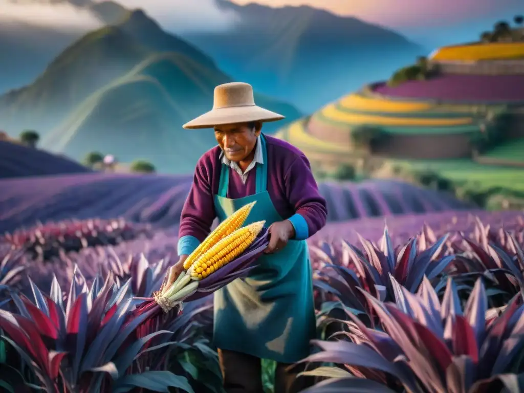 Un granjero peruano cosechando maíz morado al amanecer, destacando la tradición y beneficios de esta cultura en Perú