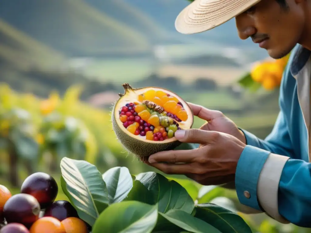 Un granjero peruano cosechando granadillas en los Andes, destacando la tradición y los beneficios de la granadilla peruana