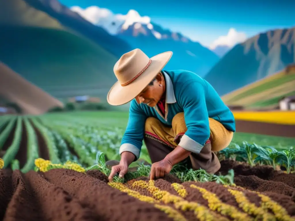 Un granjero peruano en traje tradicional andino siembra semillas de quinua en campos terrazados, con los majestuosos Andes nevados de fondo bajo un cielo azul