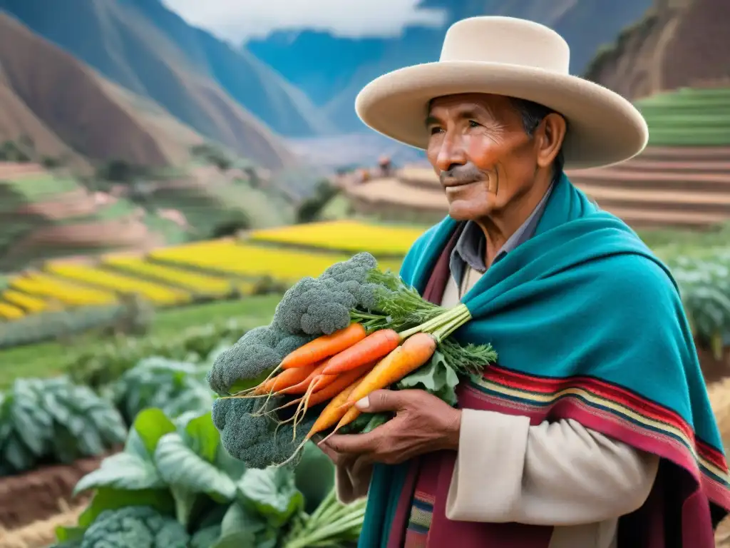 Un granjero peruano en Valle Sagrado, cuidando cultivos tradicionales con Gastronomía sostenible en Valle Sagrado