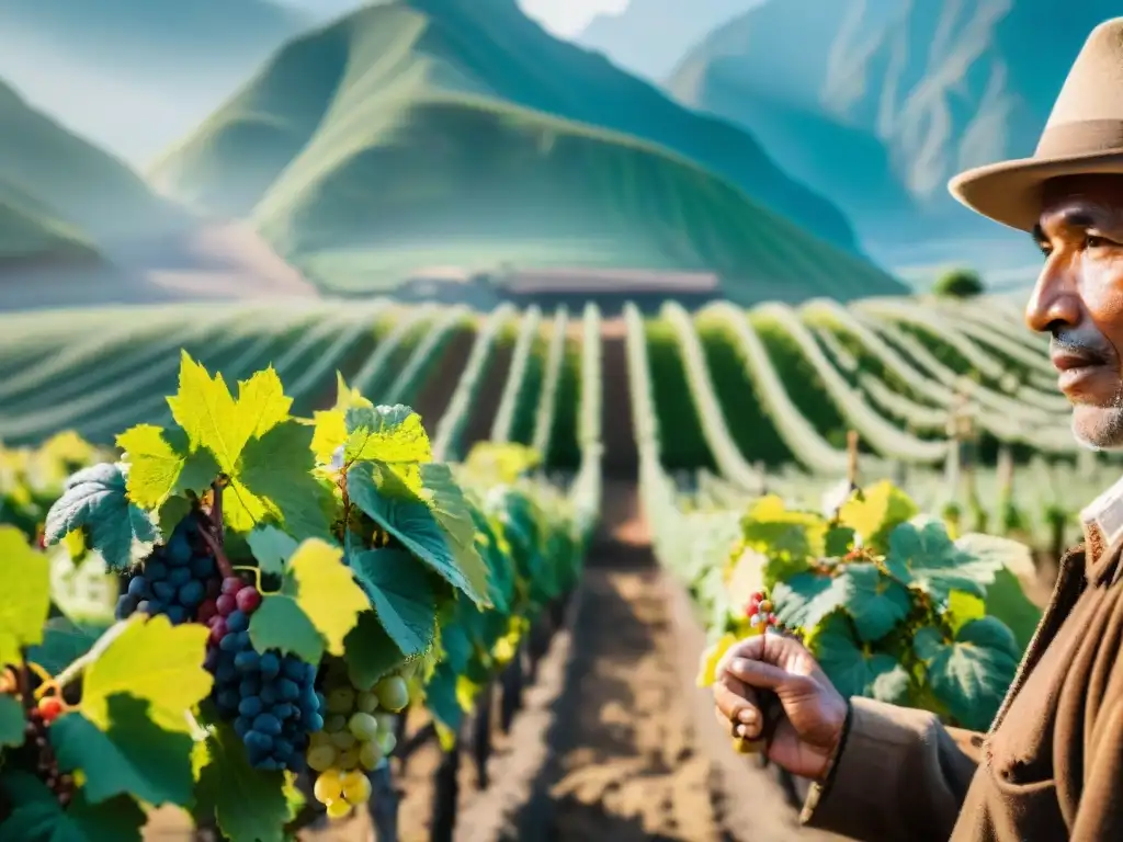 Un granjero peruano inspecciona viñedos en la producción de pisco en Perú, bajo el sol intenso de los Andes