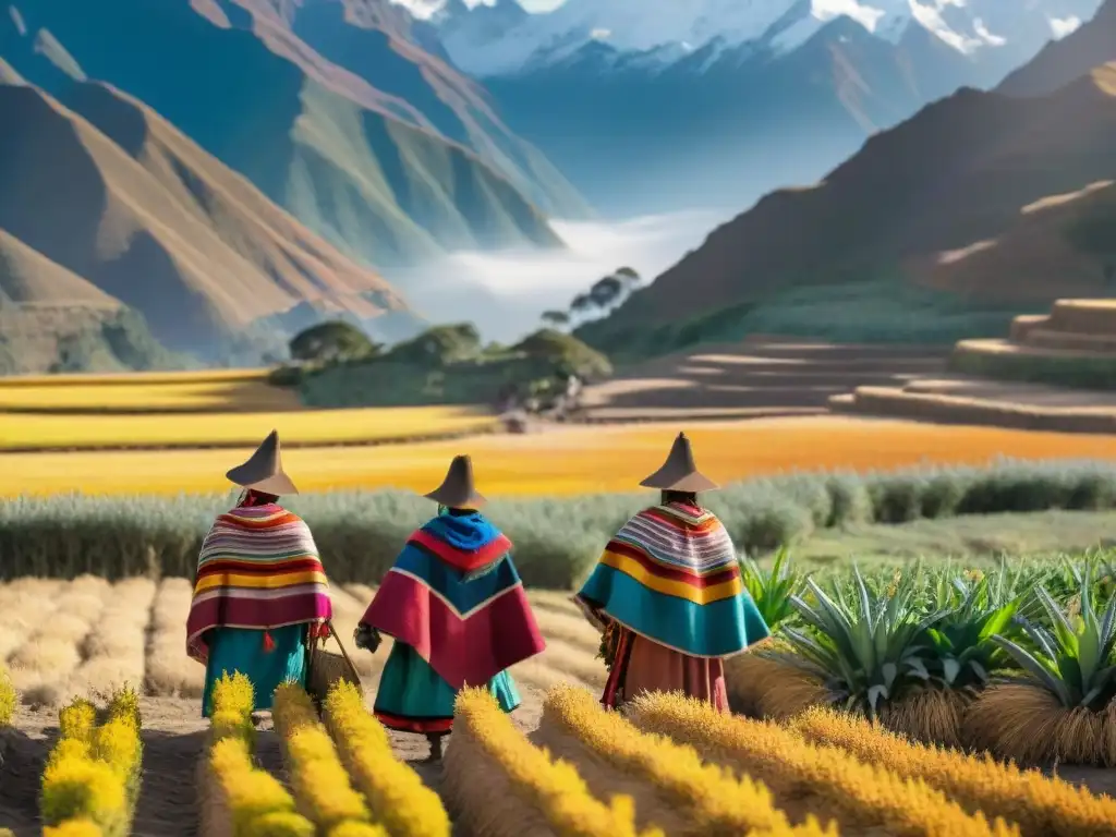 Granjeros incas cosechando quinua al atardecer en los Andes