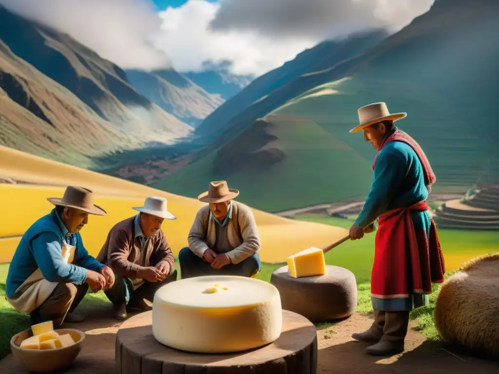 Un grupo de agricultores andinos en atuendos tradicionales elaborando queso andino en una cueva iluminada naturalmente