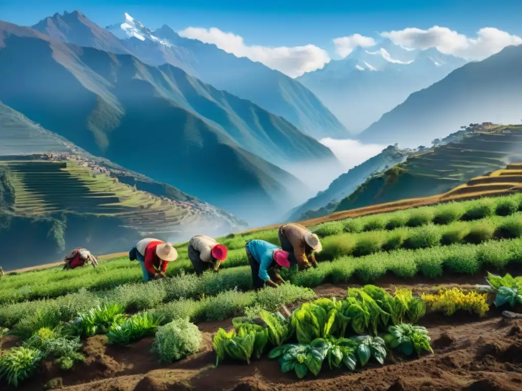 Grupo de agricultores andinos cultivando hierbas en terrazas con montañas nevadas al fondo