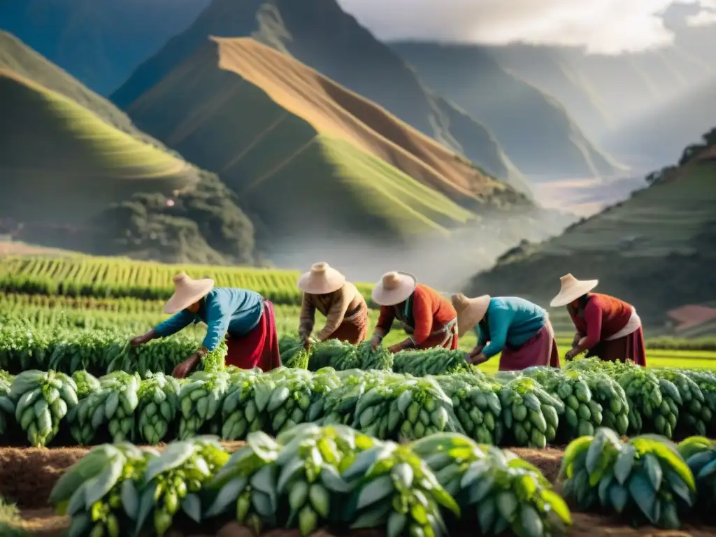 Grupo de agricultores andinos en la montaña, cosechando habas en un paisaje pintoresco