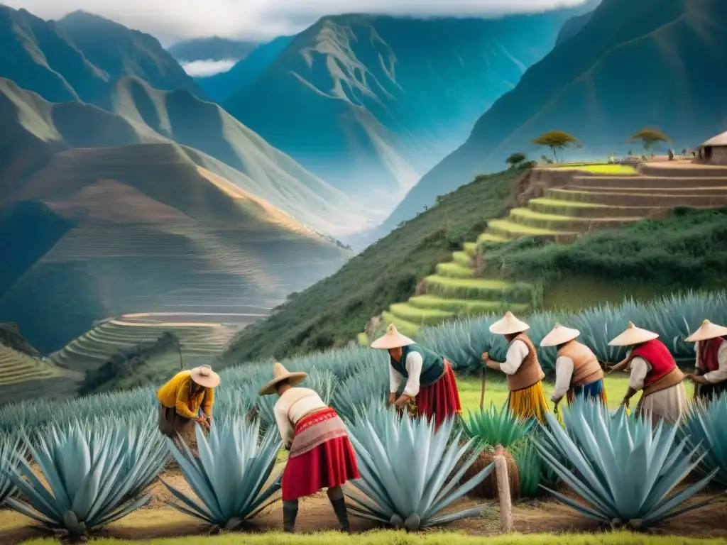 Un grupo de agricultores andinos cosechando plantas de agave en los Andes peruanos, para bebidas ancestrales del Perú