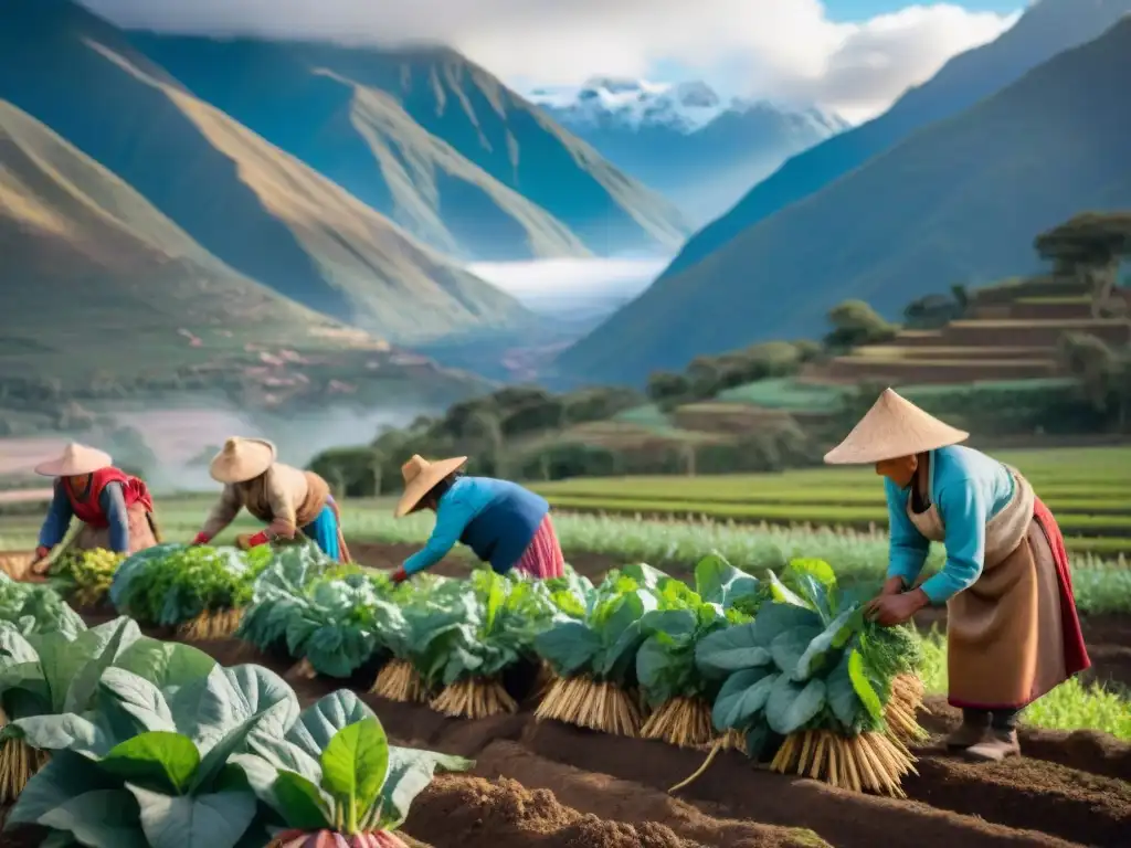 Grupo de agricultores andinos cosechando raíces frescas de yacón al amanecer, resaltando la belleza natural