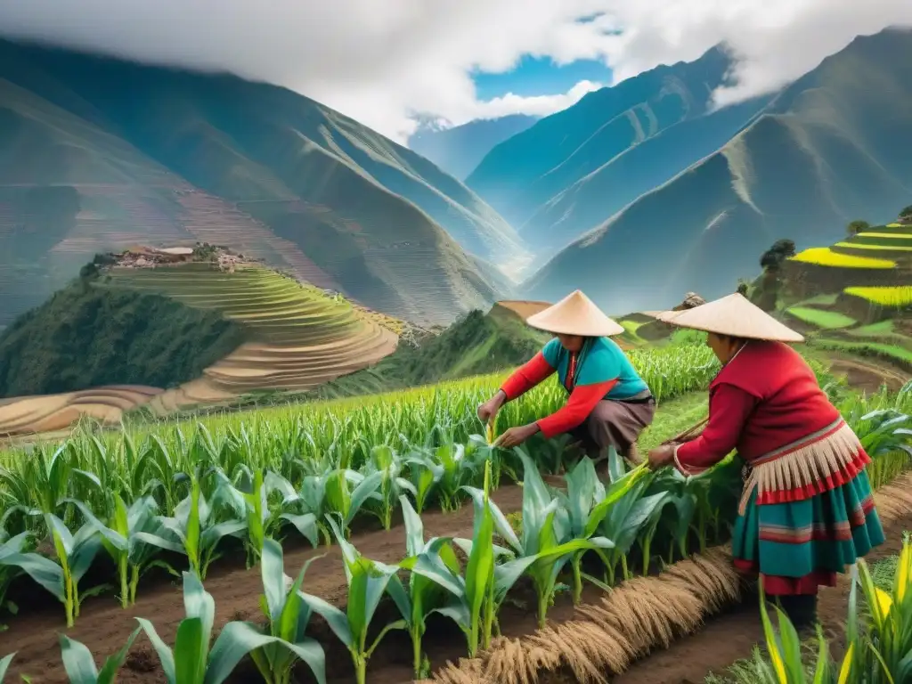 Grupo de agricultores andinos plantando variedades nativas de maíz en terrazas, con majestuosas montañas nevadas al fondo