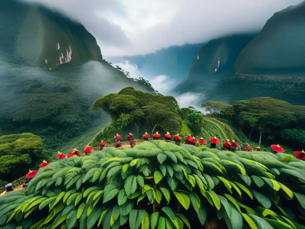 Un grupo de agricultores indígenas cosechando bayas rojas de camu camu en la exuberante selva amazónica peruana