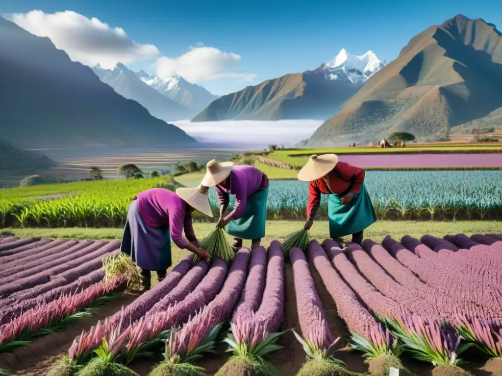 Grupo de agricultores indígenas recolectando maíz morado en los Andes, resaltando la importancia de su preservación cultural