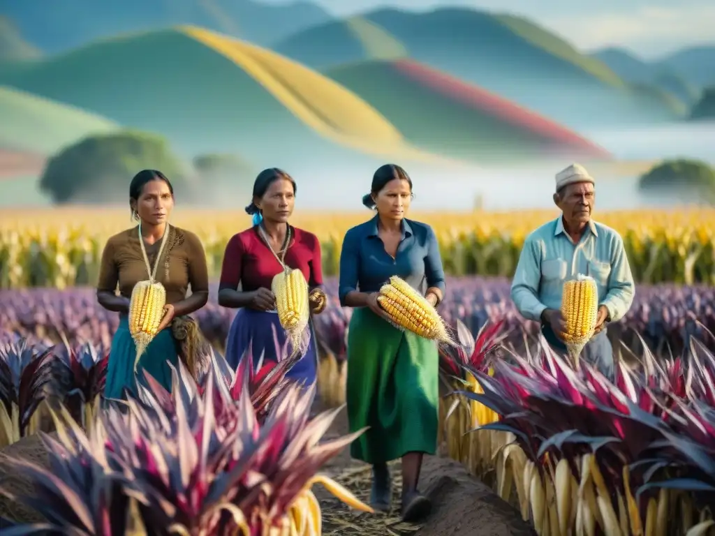 Grupo de agricultores indígenas cosechando maíz morado, resaltando la importancia de preservación cultural