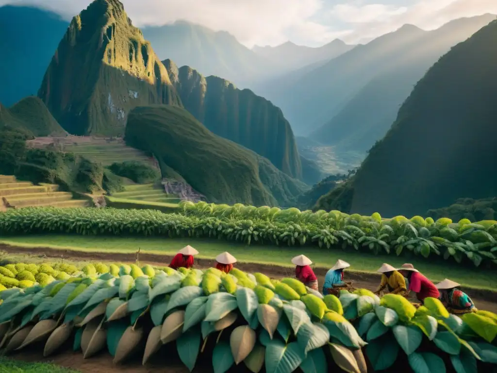 Un grupo de agricultores indígenas peruanos cosechando sachainchi bajo el sol matutino en los Andes