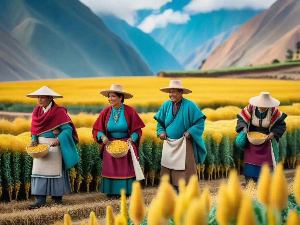 Indígenas peruanos recolectando quinua dorada en los Andes 'Grupo de agricultores indígenas peruanos cosechando quinua dorada bajo el sol andino, con llamas y montañas