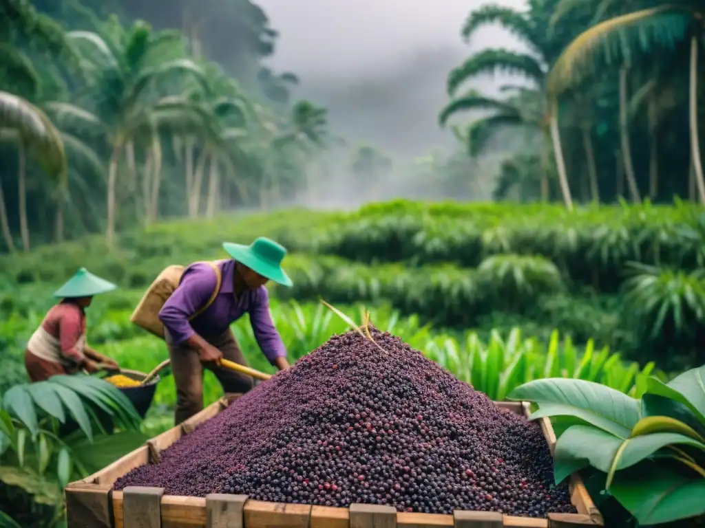 Grupo de agricultores indígenas peruanos recolectando bayas de acai en la exuberante selva amazónica