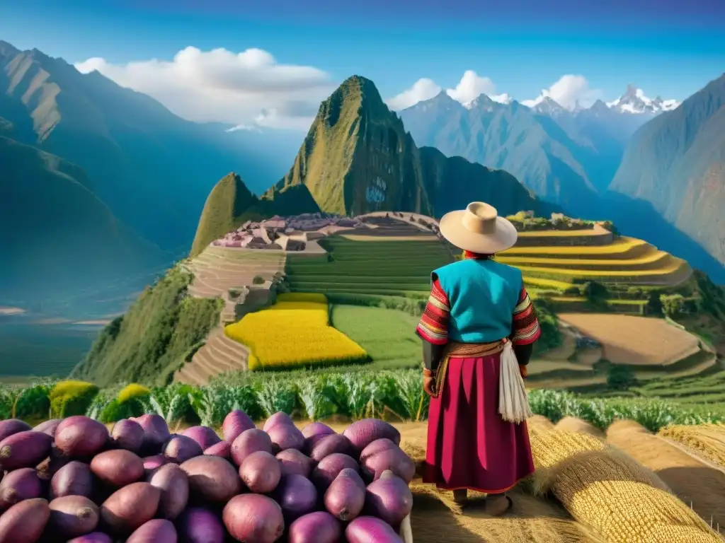 Grupo de agricultores indígenas peruanos en campos vibrantes de quinoa, maíz morado y papas, con la cordillera andina de fondo