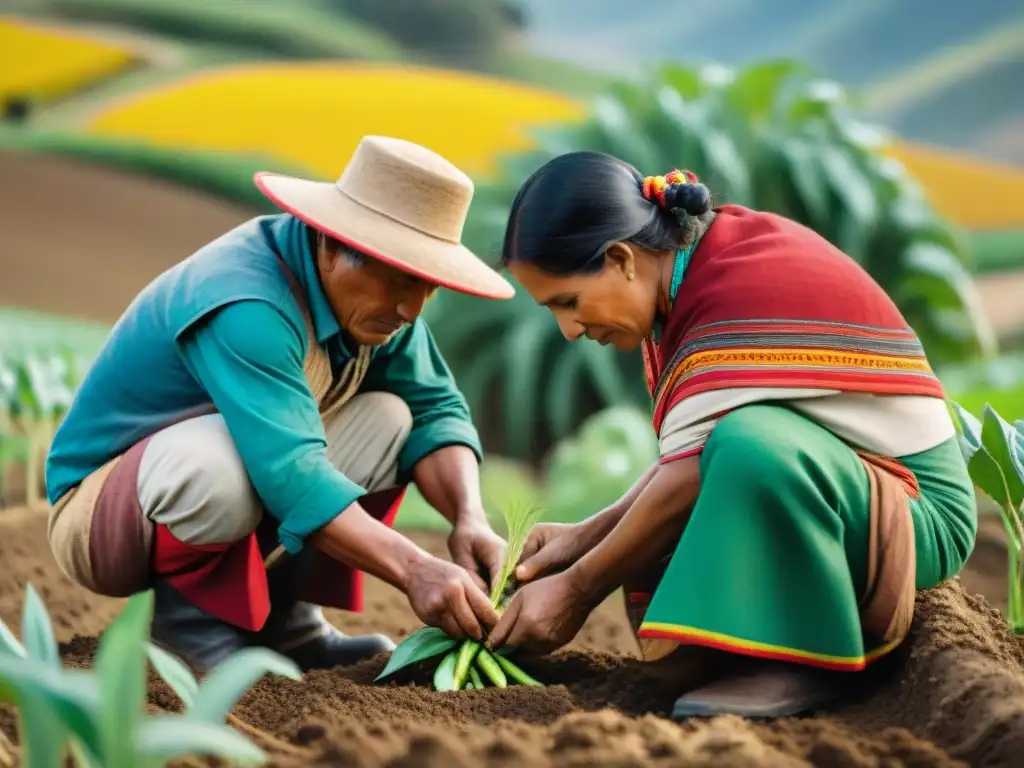 Grupo de agricultores indígenas en Perú practicando Prácticas agrícolas sostenibles