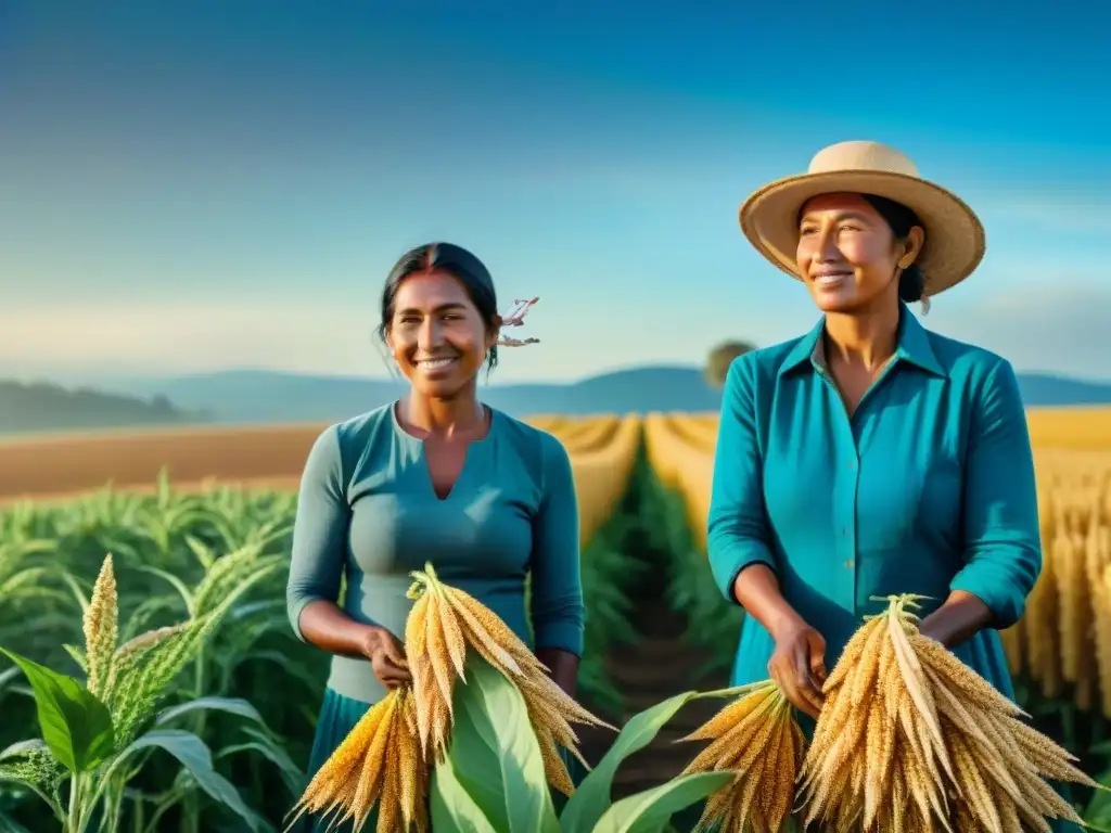 Grupo de agricultores indígenas cosechando quinua en un campo dorado, mostrando tradición y sostenibilidad con la quinua en la cocina contemporánea