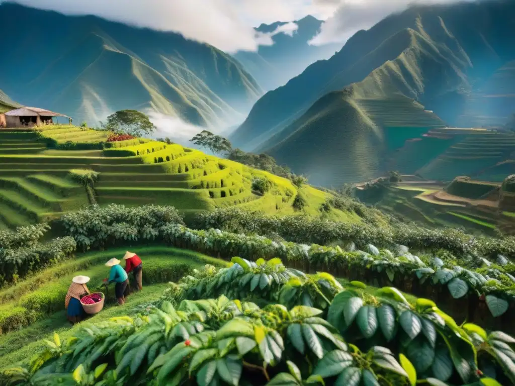 Grupo de agricultores peruanos en los Andes recolectando café, reflejando pasión por el Café peruano de altura ruta