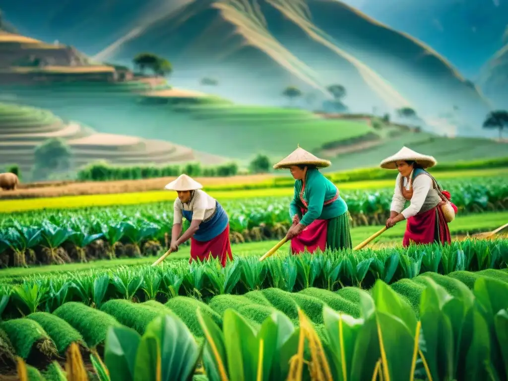 Grupo de agricultores peruanos en un campo verde trabajando juntos con prácticas agrícolas sostenibles en Perú