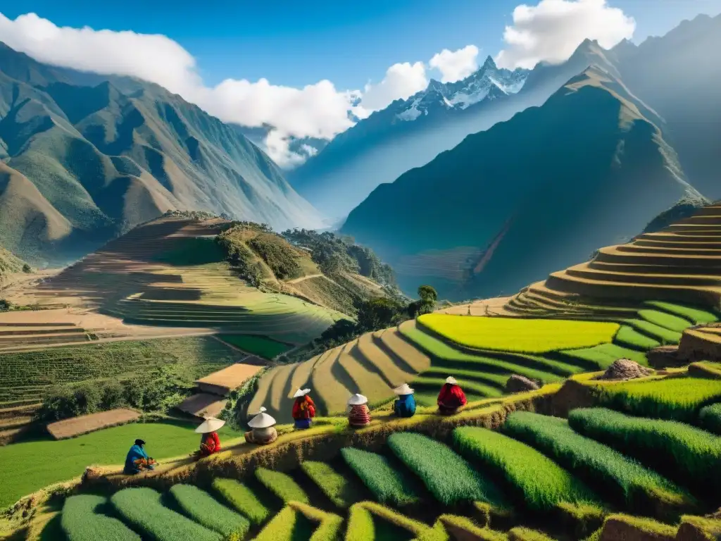 Un grupo de agricultores peruanos en un campo de quinua en terrazas, con sistema de riego, bajo el cielo azul de los Andes