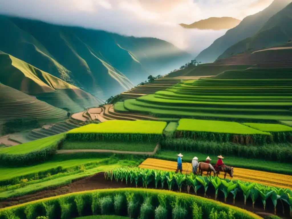 Grupo de agricultores peruanos trabajando juntos en campos verdes, rodeados de cultivos vibrantes y canales de riego