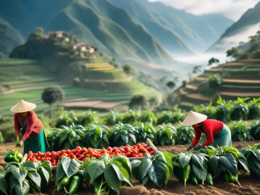 Recolección de ajíes en Perú: tradición y sostenibilidad Grupo de agricultores peruanos cosechando ajíes rojos y verdes en un campo soleado, con beneficios económicos del ají peruano