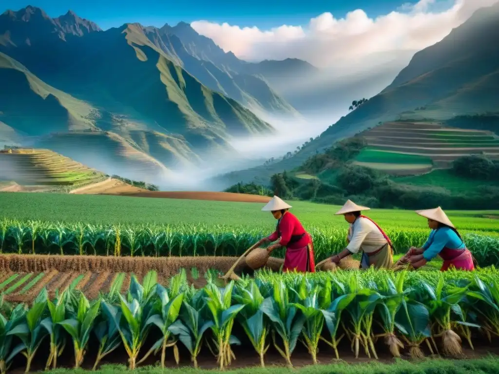 Un grupo de agricultores peruanos en la tradicional vestimenta andina trabajando juntos en un campo verde vibrante con quinua, papas y maíz