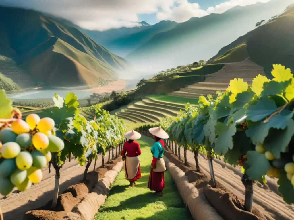 Grupo de agricultores peruanos cosechando uvas Pisco doradas bajo el sol andino