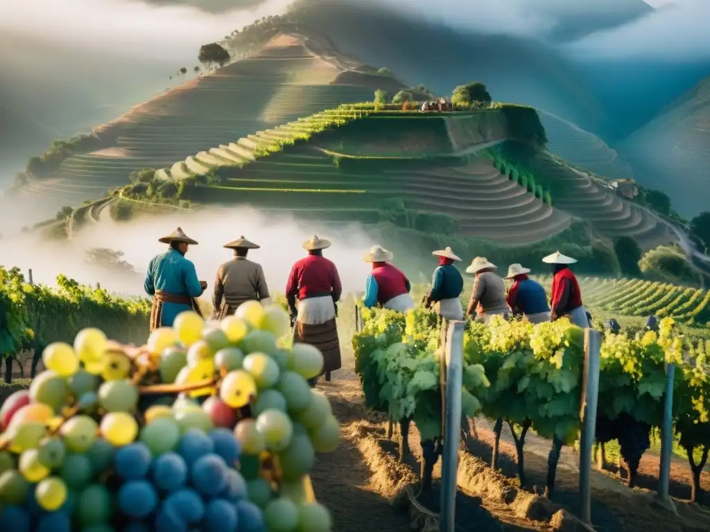 Grupo de agricultores peruanos en viñedos con niebla, sonrientes