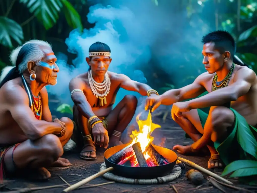 Grupo de ancianos tribales amazónicos comparten tradiciones culinarias junto a fogata en la selva