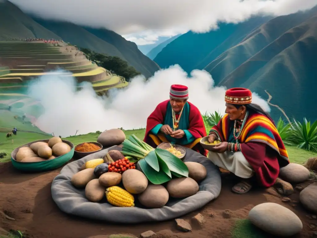 Grupo andino preparando ritual culinario pachamanca tierra en majestuosa montaña