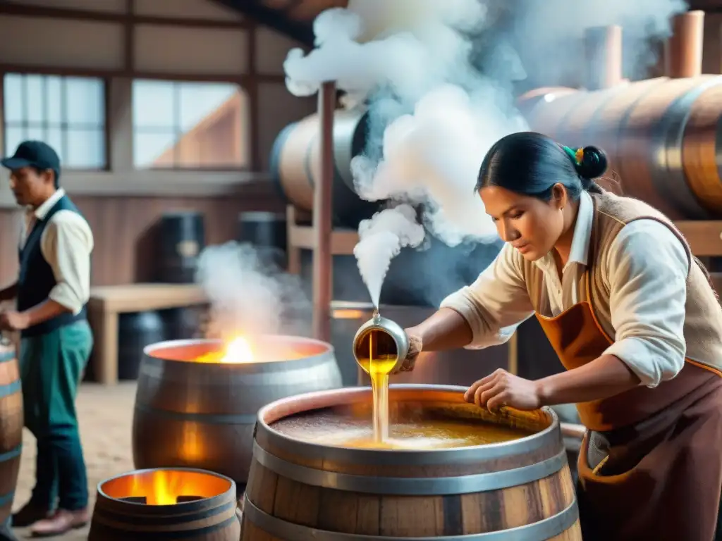 Un grupo de artesanos peruanos elaborando cervezas artesanales innovadoras en una cervecería tradicional