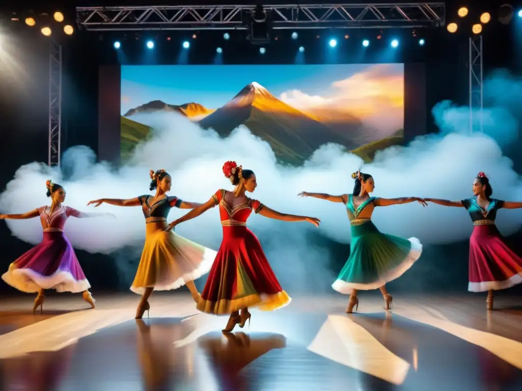 Grupo de bailarines en trajes peruanos, movimientos energéticos y pasionales en espectáculo de danza inspirado en Perú