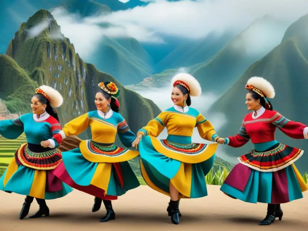 Grupo de bailarines vibrantes danzando en escenario peruano con trajes inspirados en la gastronomía local - Espectáculos de danza inspirados Perú