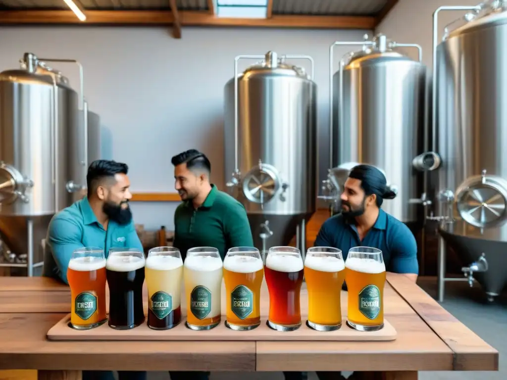 Un grupo de cerveceros peruanos innovadores discuten técnicas en una moderna cervecería