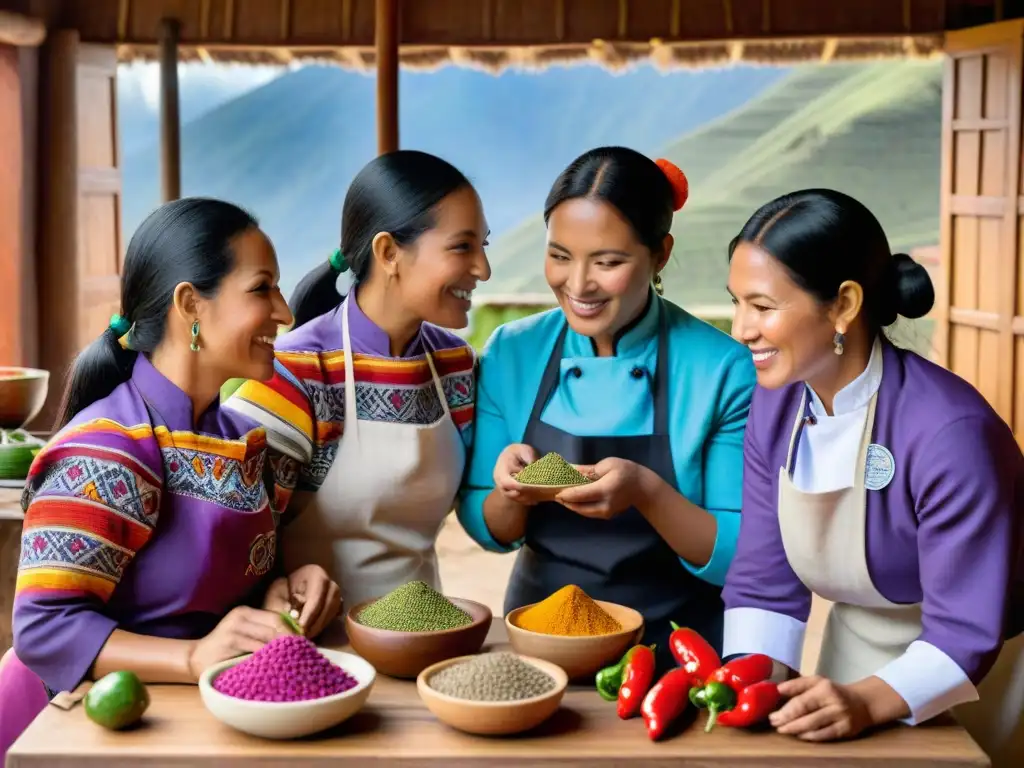 Un grupo de chef mujeres exitosas y diversas en Perú, compartiendo tips culinarios en una cocina bulliciosa con ingredientes peruanos